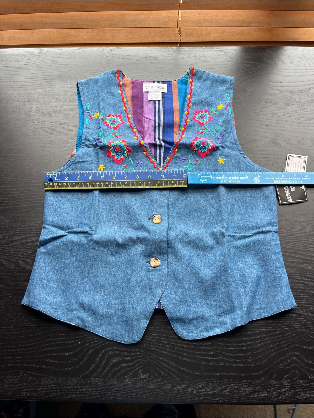 Brand New Vintage Cabin Creek Size M Reversible Denim & Striped Embroidered Vest - Picture 7 of 16